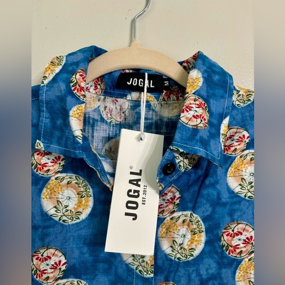 Jogal Hawaiian Floral Blue Shirt Button Up Cotton Blend Short Sleeve - Picture 3 of 6